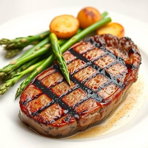 Grilled steak with rosemary potatoes and asparagus